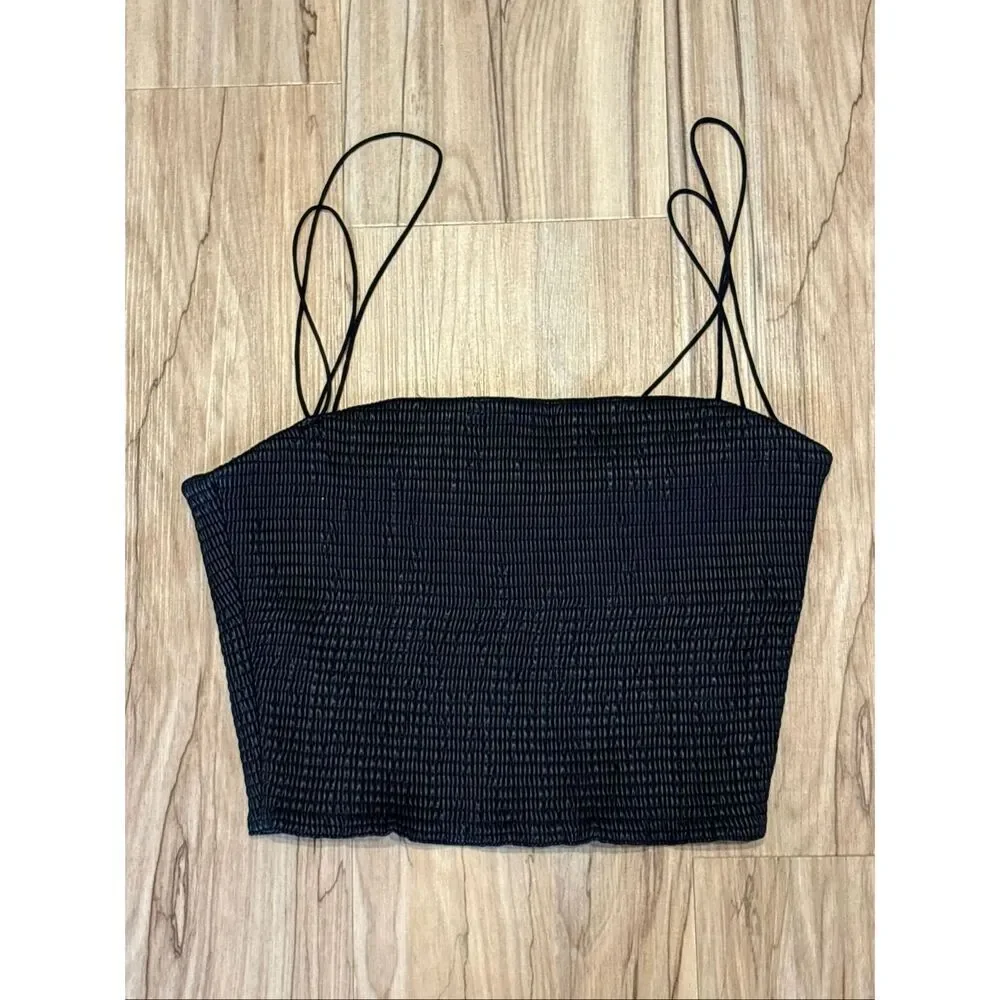 Alice + Olivia black faux leather cinch spaghetti strap Penelope crop top size S_2